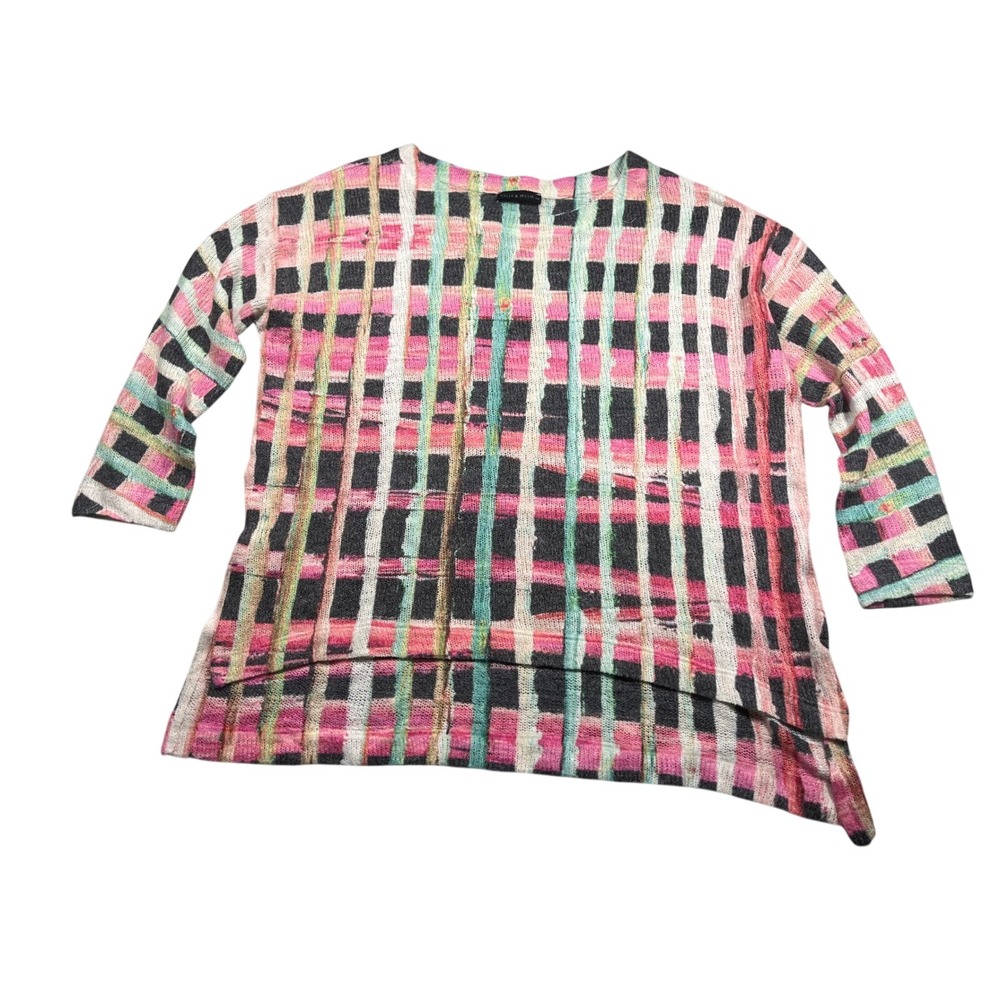 Nally & Millie One Size Sweater Tunic Pink Plaid Abstract Hi Low Lightweight